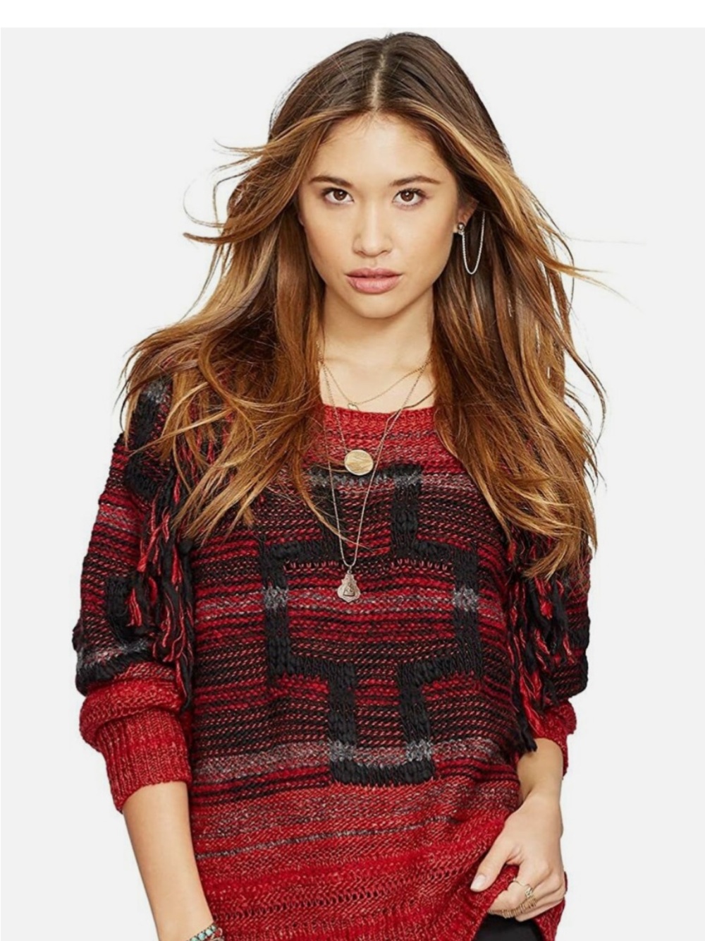 Denim & Supply Ralph Lauren Red and Black Patterned Fringe Knit Sweater Aztec